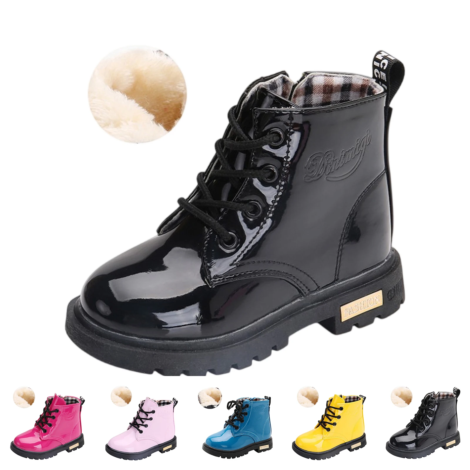 Kids' Yellow Patent Ankle Boots Lace-Up Faux Fur Warm Toddler Daily Casual 2026 Trendy Cute Vibrant Footwear Fashion Boots Abito
