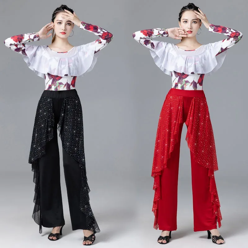 

Customized Long Sleeve Set Latin Dance Pants Wide Leg Pants Practice Clothes National Standard Modern Dance Suit Top Skirt