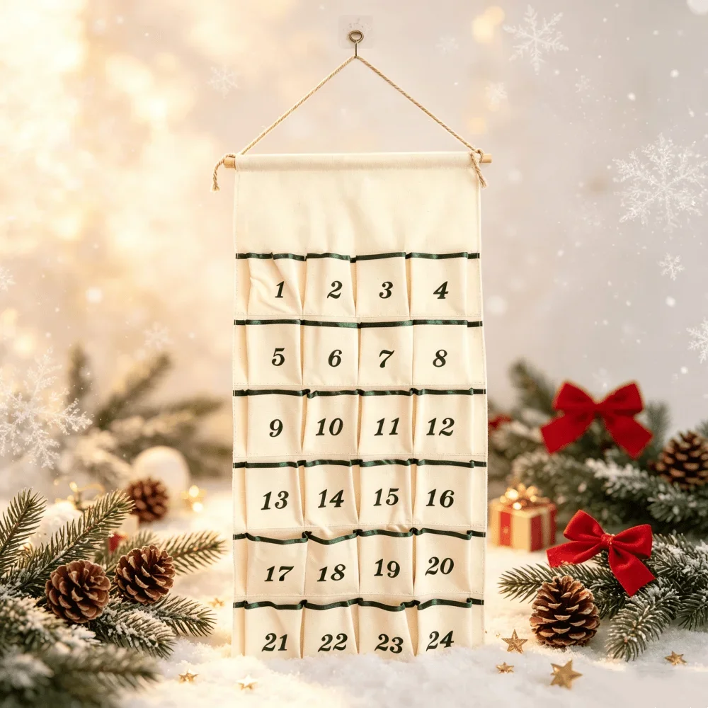 1 PC Canvas Christmas Advent Calendar 24 Days Hanging Storage Pockets Reusable Xmas Calendar with Numbered Home Holiday Decor