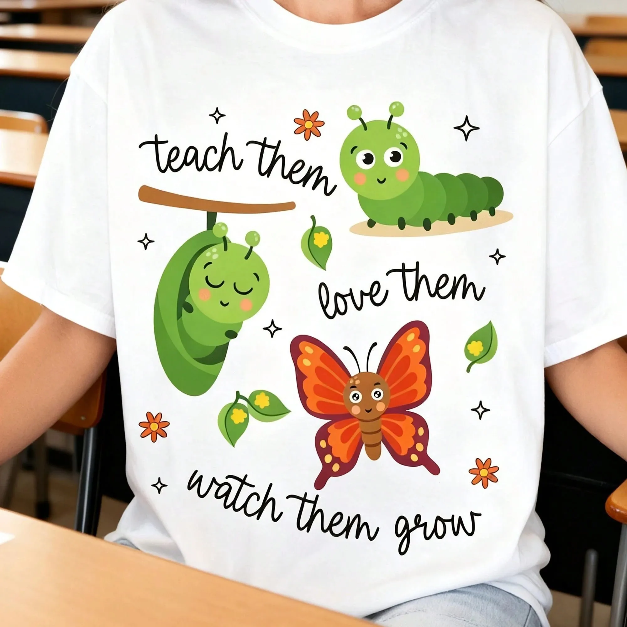 Womens Graphic Tshirt Cute Nature Insect Cartoon Design Teacher Appreciation Style Casual Daily Wear Creative Statement Top