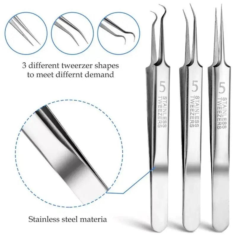 3Pcs Set Stainless Steel Blackhead Removal Tweezers With A Plastic Box High Precision And Durability Blackhead Removal Tweezers