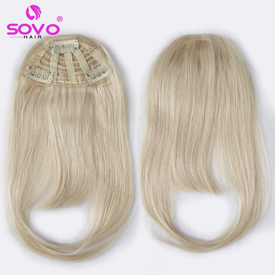 SOVO Human Hair Bangs 3 clips in Straight European Remy Natural Human Hair Fringe Blonde Brown Color 8 inch 20g Front Bang