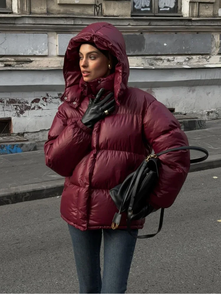 Abrigos cálidos con capucha color Burdeos para mujer, Chaqueta de algodón con cremallera y un solo pecho con cuello levantado elegante, prendas de