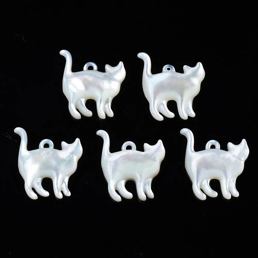 5pcs Natural Shell Cat  Pendants White Cute Cat Charms Pendant for jewelry making necklace crafts decor,17x14x2mm, Hole: 0.6~1mm