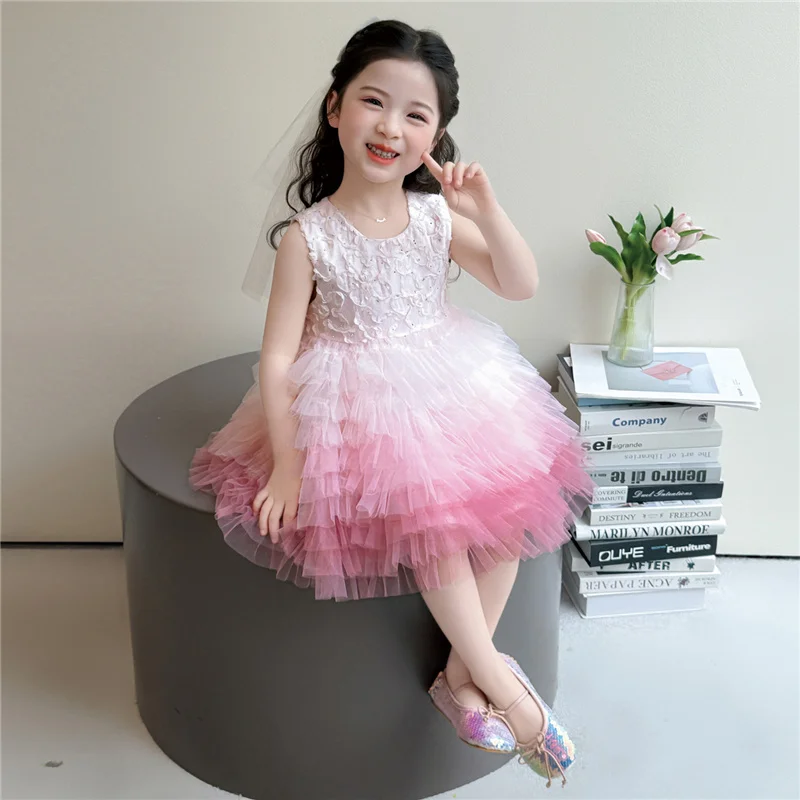 New Girls Gradient Color Dress Kids Tulle Princess Dress Sweet Fashion Sleeveless Puffy Dress Children Birthday Party Gown Ball
