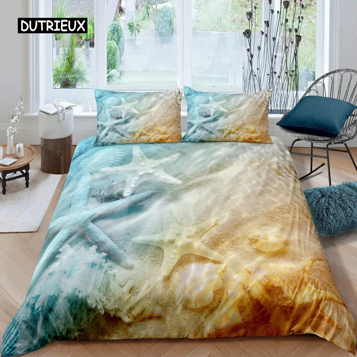 Starfish Duvet Cover Set Summer Beach Seashell Starfish Twin Bedding Set Polyester Hawaiian Tropical Nature Sea King Quilt Cover