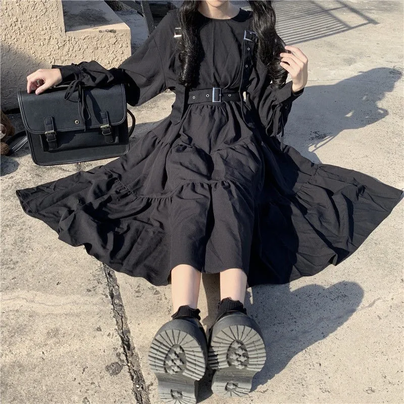 QWEEK Gothic Style Dress Women Harajuku Gothic Lolita Goth Kawaii Dress Punk Cute Long Sleeve Black Midi Dress 2021 Emo Oversize