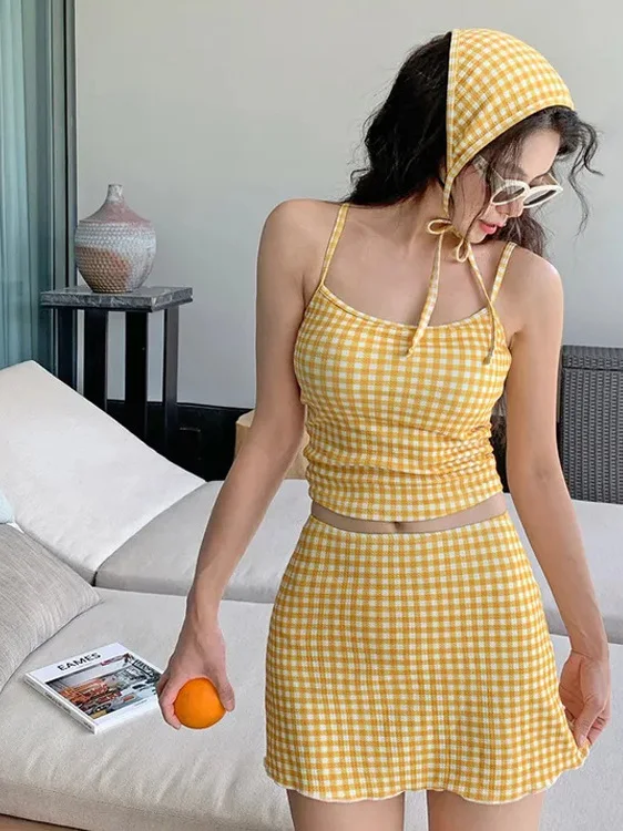 2025 New Yellow Bikini Women's Conservative Separation Grid Patterned Skirt Style High-End Feeling Four-Piece Set Swimsuit
