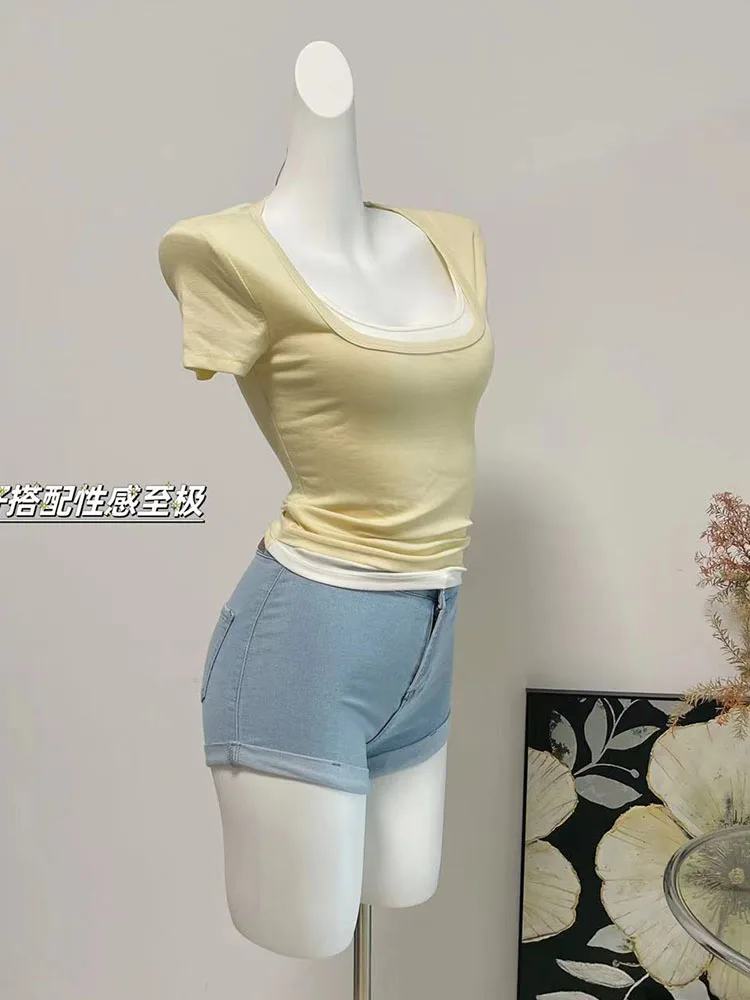 Korean Fashion Gyaru Hot Pants High Waist Cotton Denim Shorts Office Lady Sexy Washed Blue Jean Shorts 2000s Aesthetic Coquette