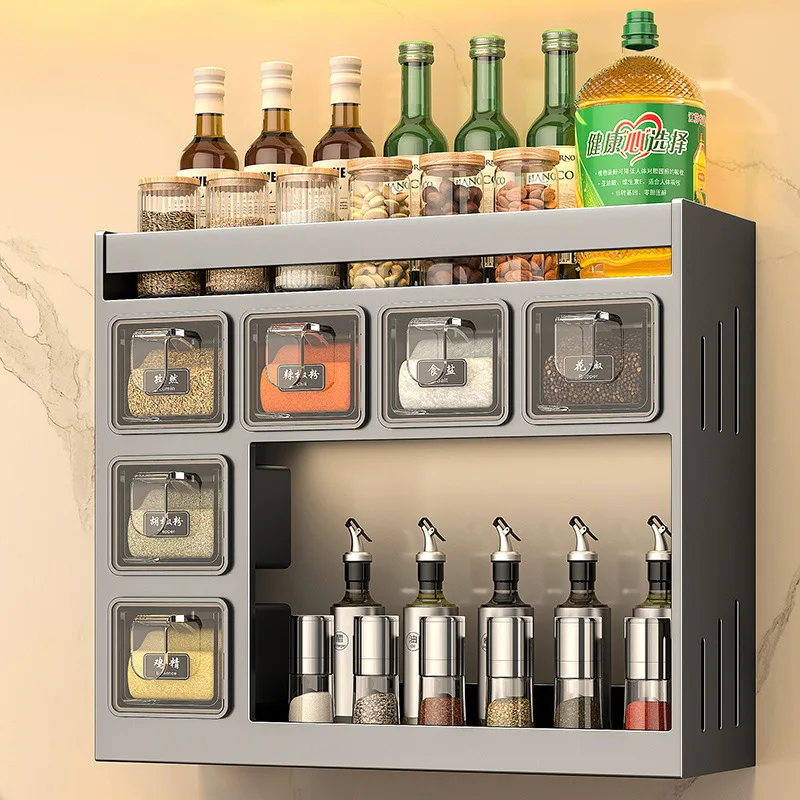

No Drill 3 Tier Shelf Wall Spice Rack Kitchen Organizer Removable Steel Iron Shelf Household Items Spice Jars Hanging Organizers
