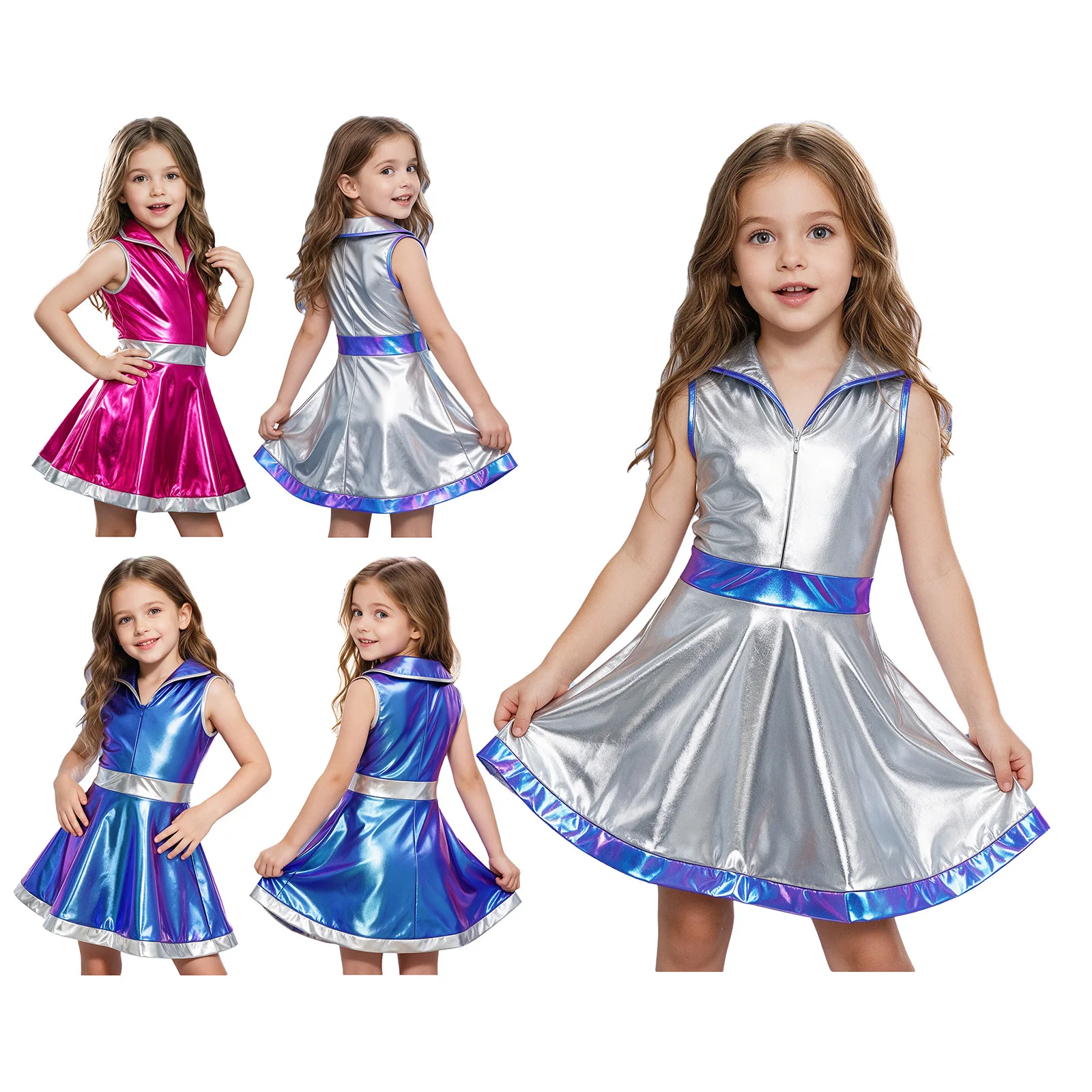 6‑16Y Girls Metallic Alien Costume Sleeveless Collared Zipper Dress Halloween Disco Hippie 60s 70s Party Dance Tutu Outfit