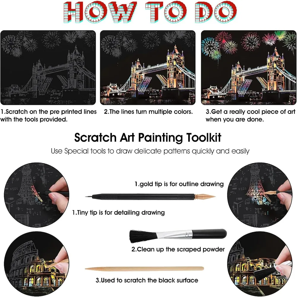 12 스크래치 스크래치 무지개 종이, 스케치 패드 DIY 아트 및 Craft City 시리즈 야간 풍경 스크래퍼, 7.8 X 5.5 인치