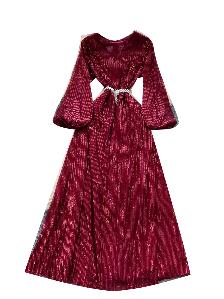 فستان أنيق بتصميم مجوف وأكمام فانوس مع حزام ربط عند الخصر، فستان نسائي طويل الأكمام بخصر مرتفع وتصميم A-line للصيف