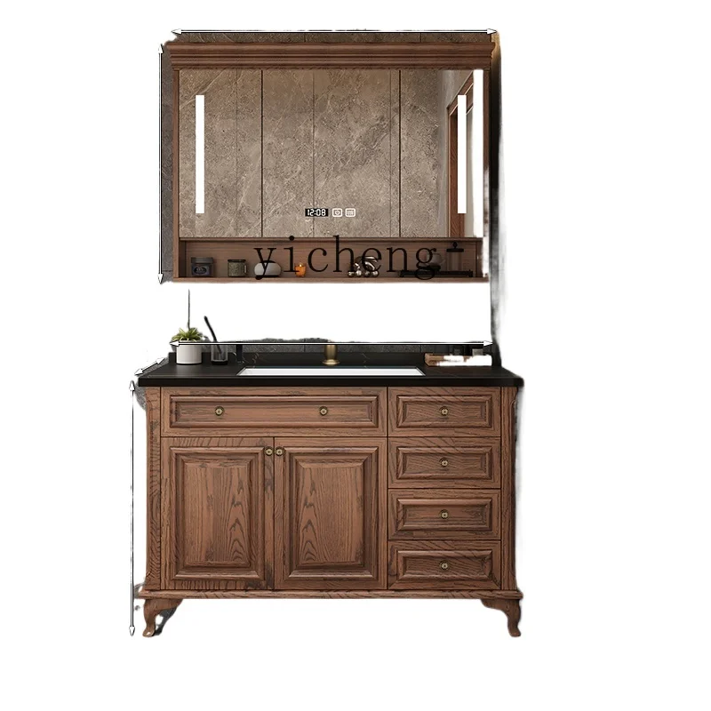 TQH rock slab bathroom cabinet combination bathroom solid wood floor-to-ceiling smart wash basin double basin