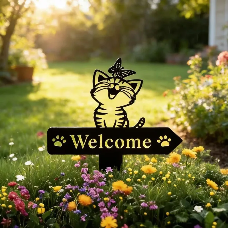 Welcome Metal Silhouette Garden Stake, Lawn Plug Sign for Courtyard Patio Outdoor Landscape Ornament