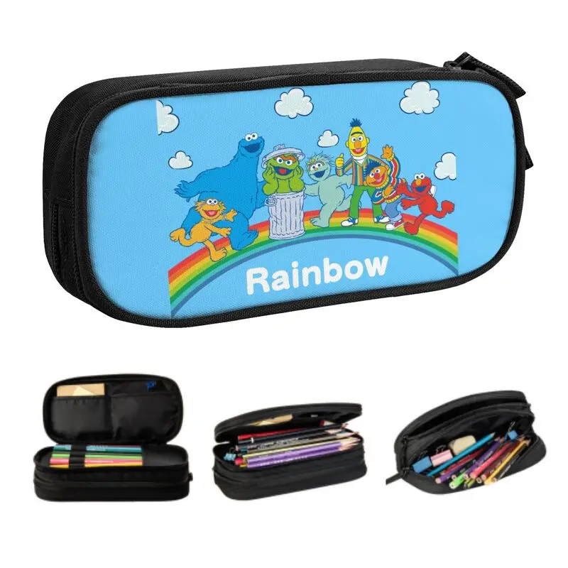 Custom Cute Sesames Street Rainbow Pencil Cases for Girls Boys Cookie Monster Cartoon Large Capacity Pen Bag Box Stationery