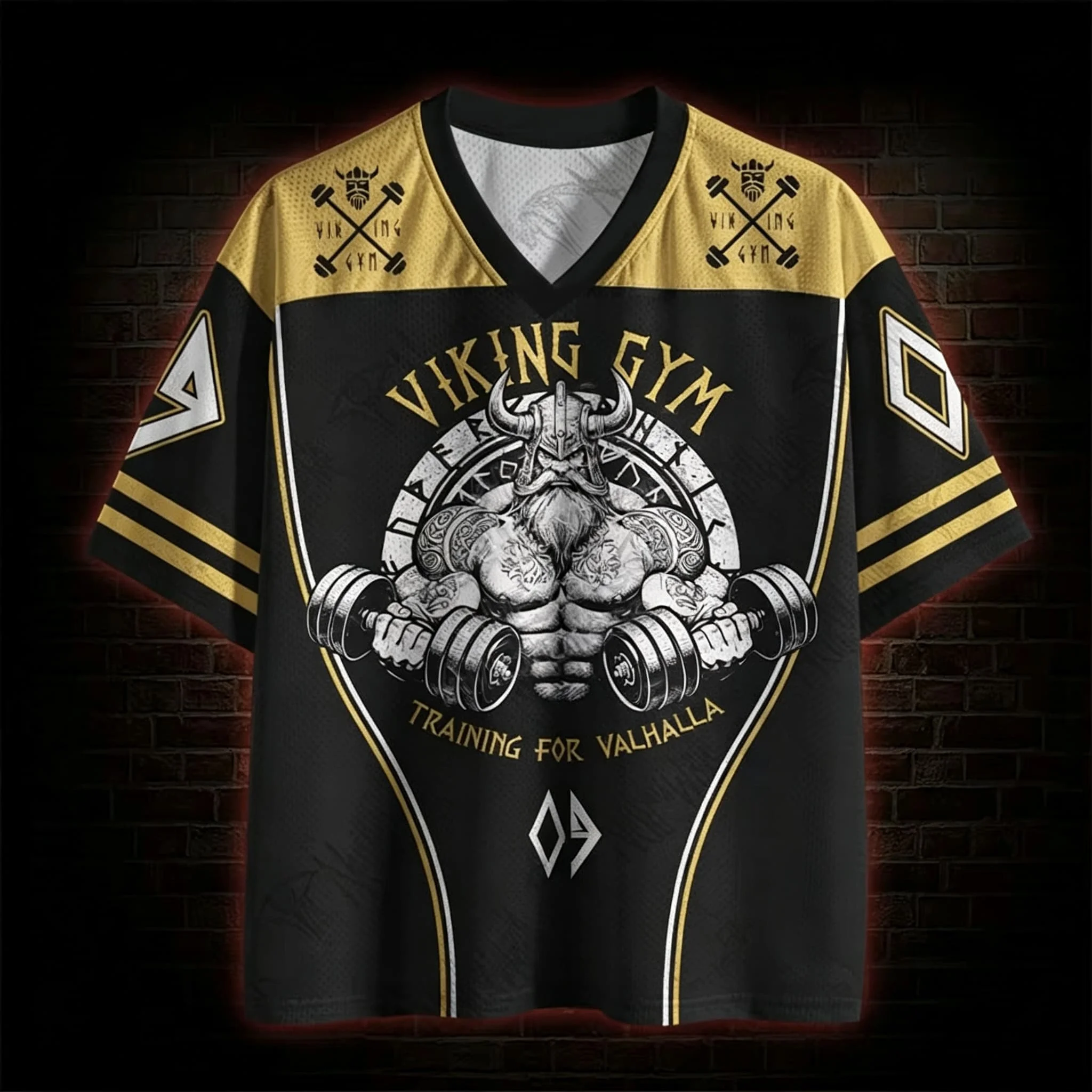 Viking Gym Warrior Dumbbell Black Gold Jersey Tee Women's Tshirt Kids Tshirt Top Vneck Short Sleeve Quick drying Men's  T Shirt