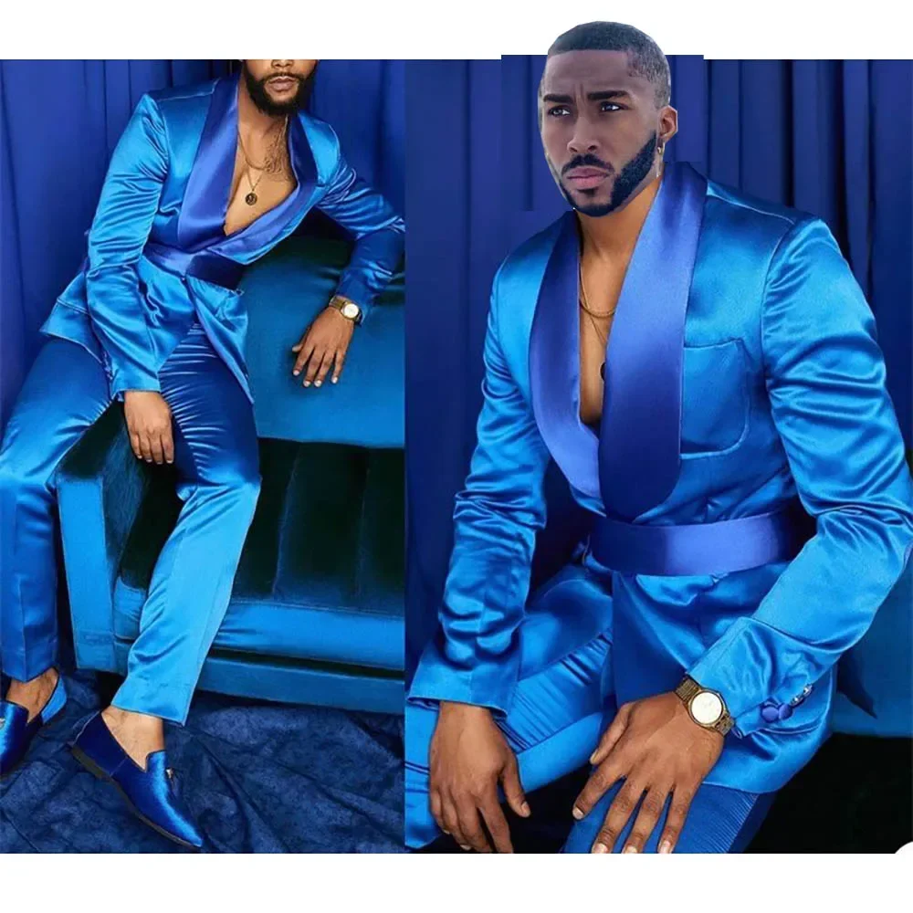 Casual Blue Shawl Lapel Men\'s Suits Chic Regular Length Prom Party Outfits Set Elegant 2 Piece Jacket Pants Costume Homme Blazer