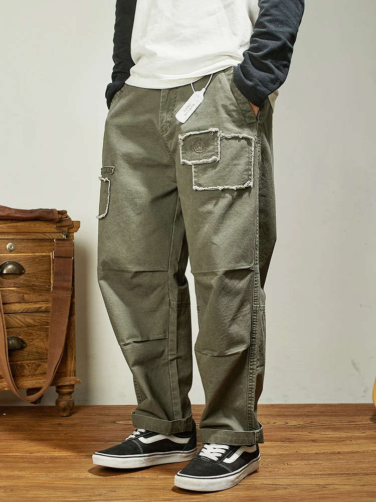 

Loose Fit Waed Cotton Work Trousers Men's y Patchwork Casual Pants Trendy Faion Urban Sle Long Breathable Thiened