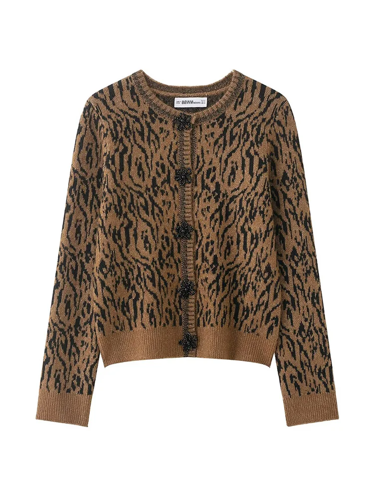 

HH Women Autumn Fashion Long Sleeve Knitted Jacket Women High Street Single-breasted Solid Round Collar Animal Jacquard Sweater