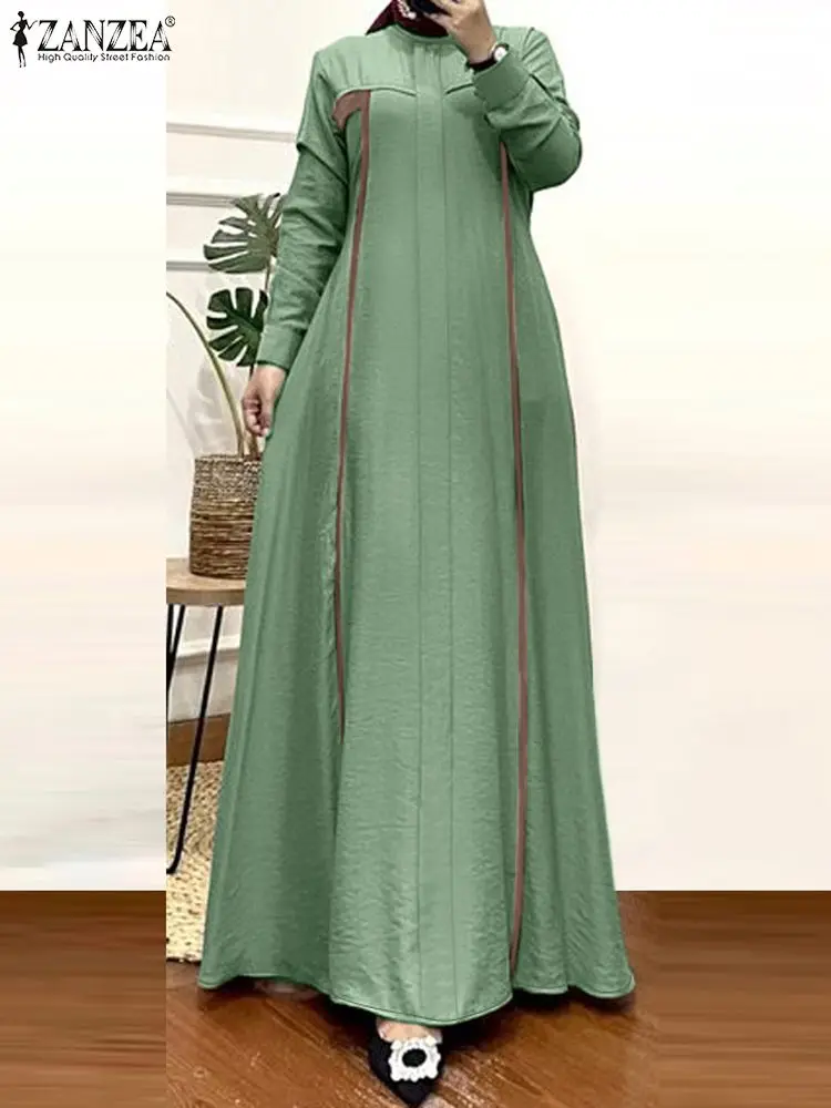 ZANZEA Autumn Women Muslim Dresses Abaya Eegant Long Sleeve Patchwork Sundress Maxi Long Vestidos Islamic Clothing Robe Femme