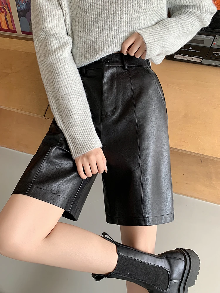 Gray Vintage Leather Women\'s Wide Leg Shorts For Boots High Waist Loose Bermuda Casual Winter Knee Length Pu Short Pants Female