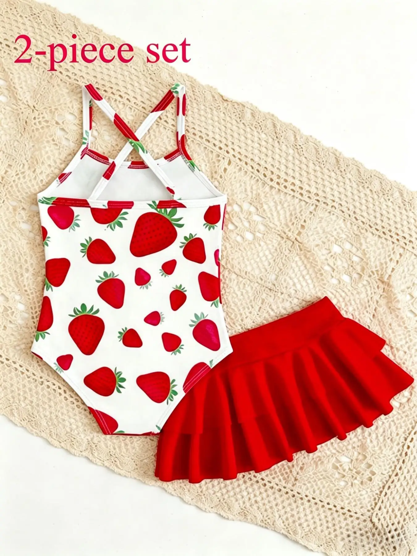 Children's Strawberry Pattern Swimsuit with Suspenders + Double-Layered Ruffle Skirt Set, Girls' Beach Vacation Swimwear Two-Piece Set, Beach Baby Swimsuit Set, Red and Pink, Cute, Fashionable, Versatile