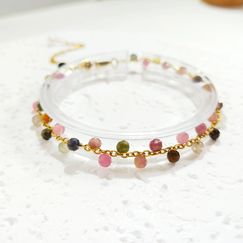 Lii Ji Real Stone Bracelet 16-22cm Tourmaline 3mm Faceted Beads Adjustable Bracelet Healing Jewelry