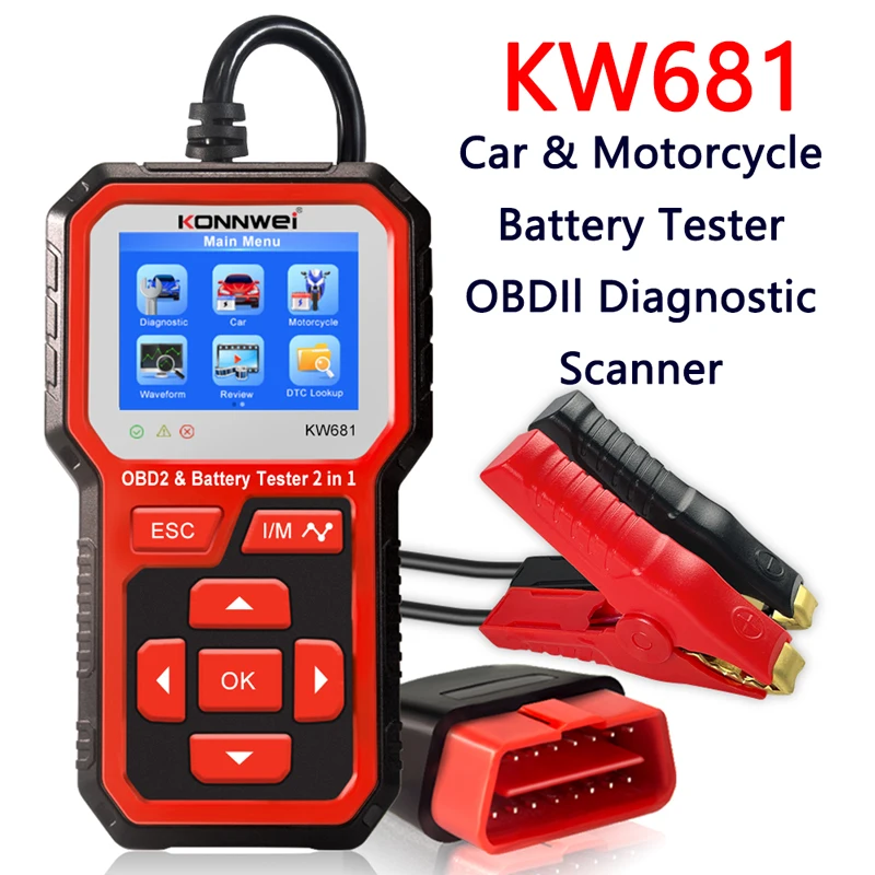 KONNWEI KW681 6V/12V Motorcycle Car Battery Tester Auto Diagnostic Tools 2 in1 2000 CCA OBD2 Scanner Cranking Charging Test