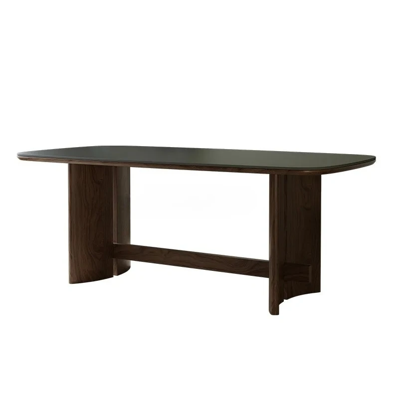 Solid wood dining table Nordic wabi style walnut color rectangular black rock slab dining table
