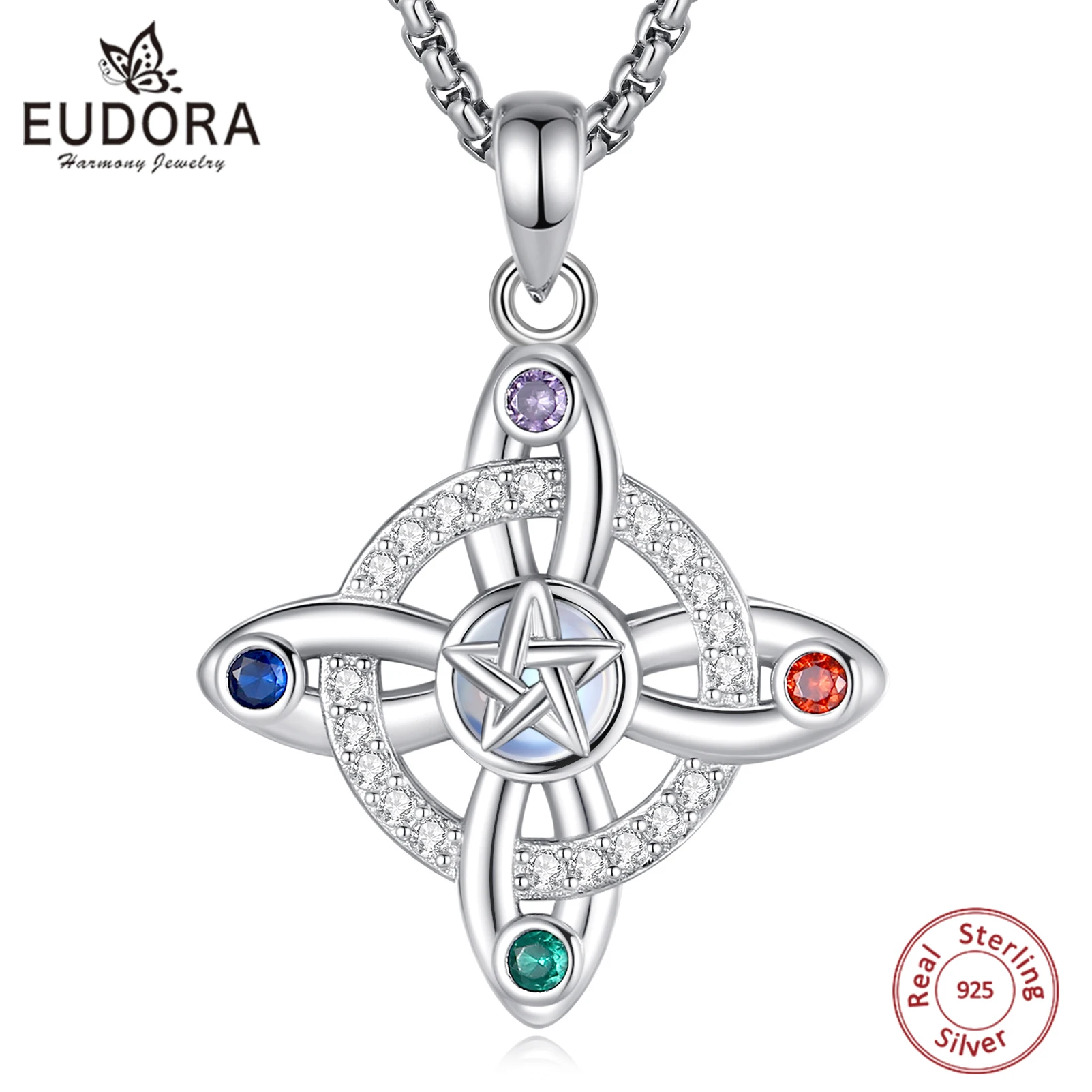 

Eudora Nudo de Bruja Plata 925 Witches Knot Necklace Moonstone Pentagram Amulet Pendant Wicca Spiritual Jewelry Gift for Women