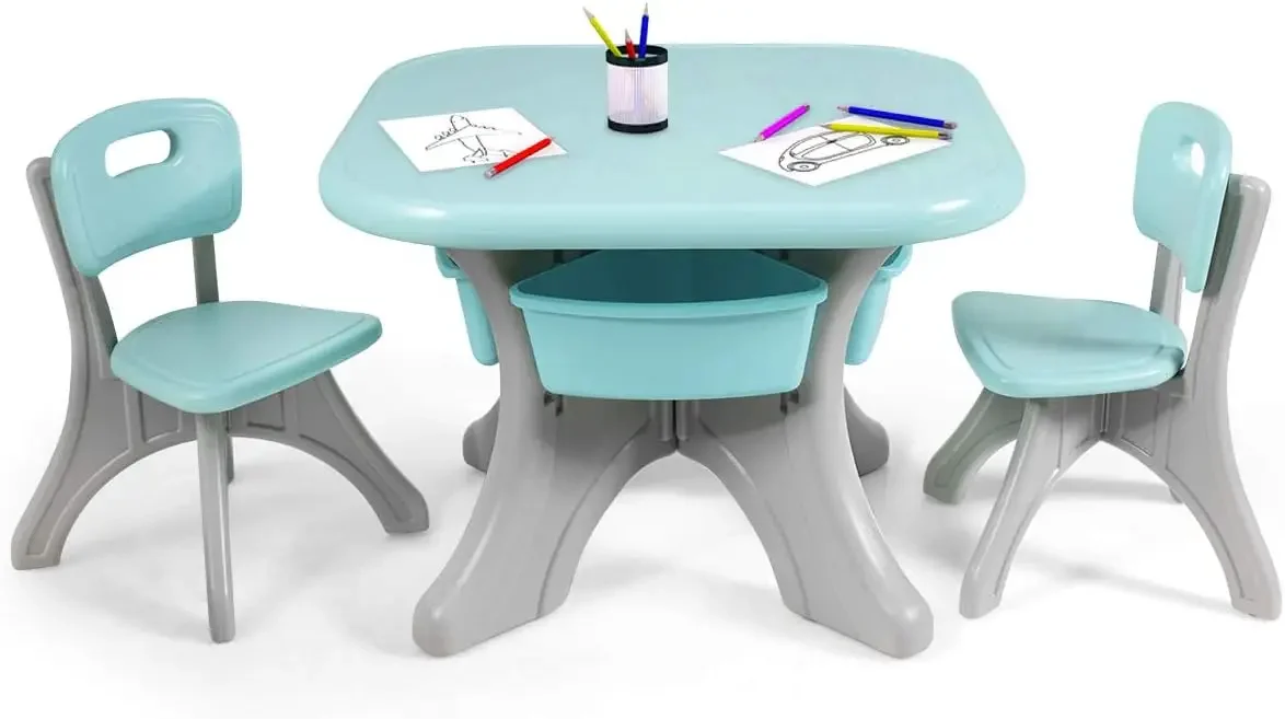 Mesa de atividades de 3 peças com caixas de armazenamento de brinquedos destacáveis e 2 cadeiras para crianças, artesanato de arte de leitura, forte capacidade de rolamento, leve