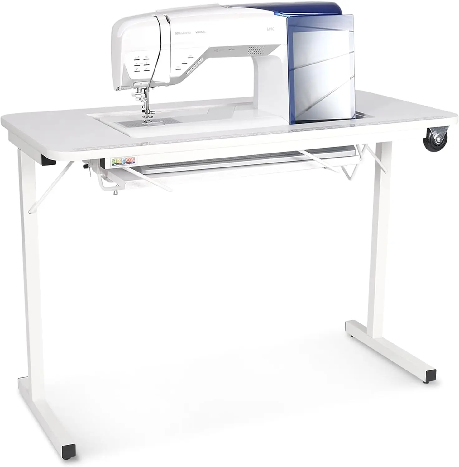 611 Gidget II Folding Sewing, Cutting, Quilting, and Craft Table, Portable with Wheels and Lift, White Finish