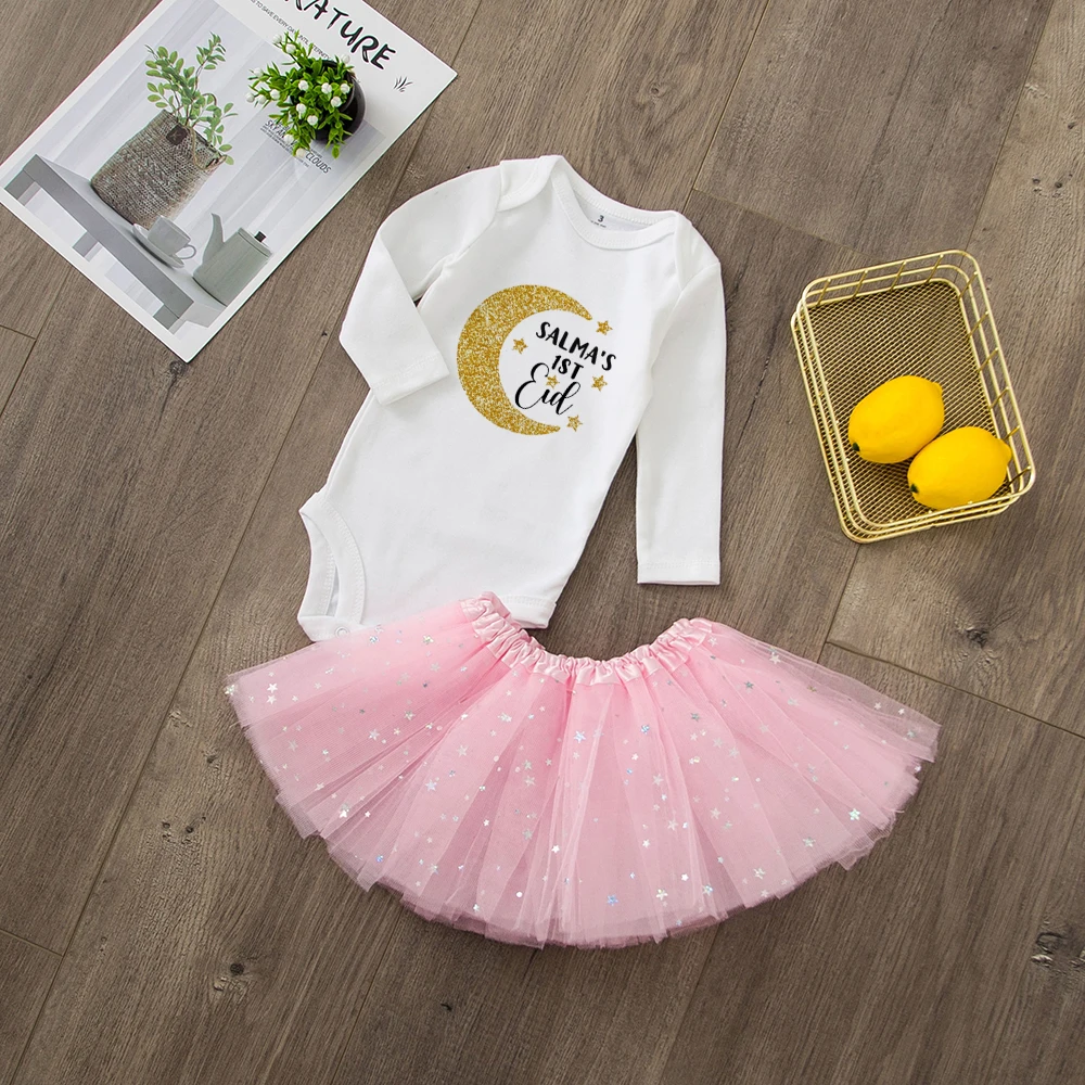 2pcs Set Personalised First Eid Baby Girls Tutu Dress Romper Eid Baby Tutu Moon Stars Design Newborn Princess Gift