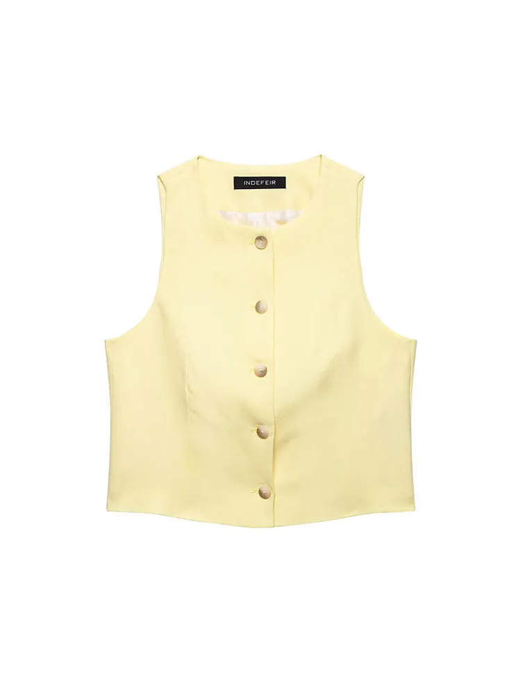 NLZGMSJ 2025 Setelan Wanita Kuning Chic Kasual Set Fashion Celana Pendek Lurus Ritsleting Atasan Tanpa Lengan Kancing Leher-o Solid