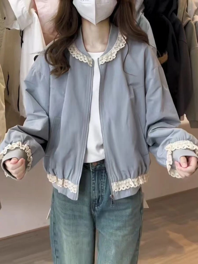 Giacca da baseball corta in pizzo con colletto alla coreana stile coreano Capispalla casual slim fit alla moda primaverile 2025 da donna