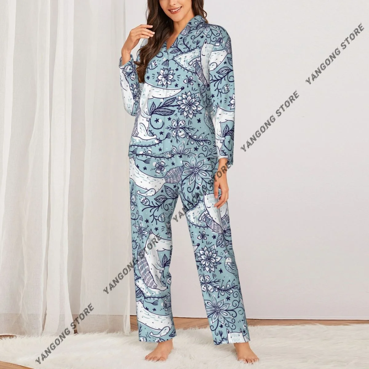 Women's Pajamas Long-sleeved Girl Loungewear Two-piece Set Cute Foxes And Fantasy Floral Pajamas for Autumn Spring