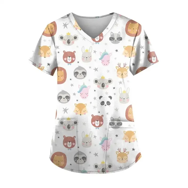 Fashionable women's dental nurse workwear with cartoon print short-sleeved surgical gown with patch pockets medical workwear