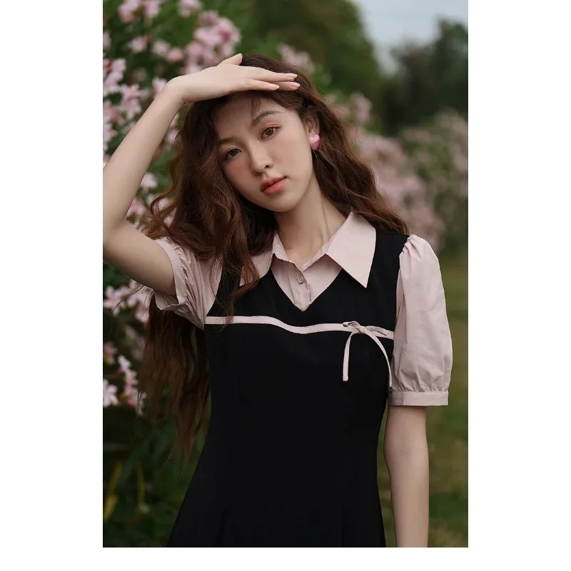 

Black Dress for Women Summer French Fake Two Piece Contrast Color Panel Slim Female Knee-Length Dress 2024 New