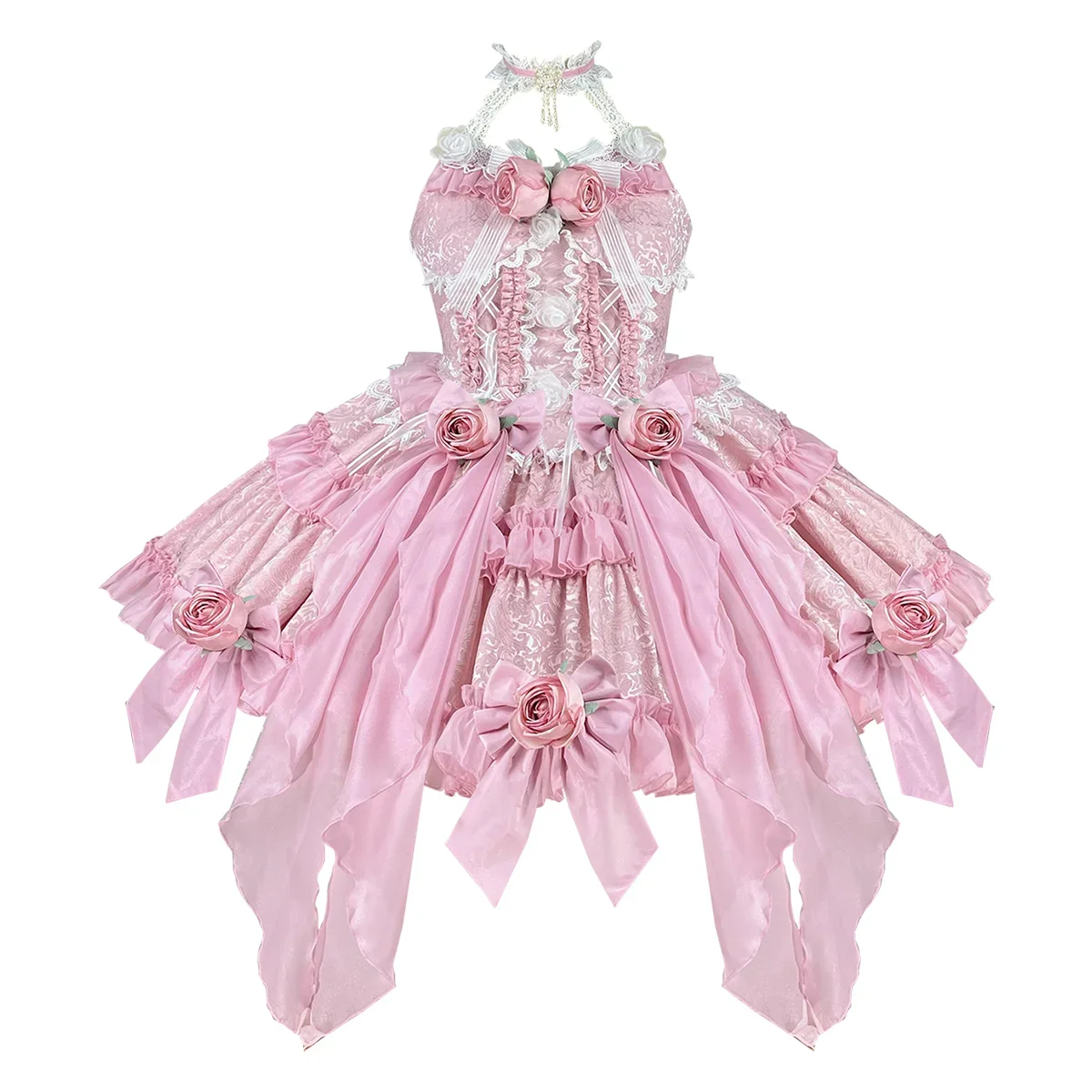 Original Design Lolita Sweet Girl Jacquard Rose Fishbone Dress Slim Women's Halter Pink Flower Ball Gown Party Dresses