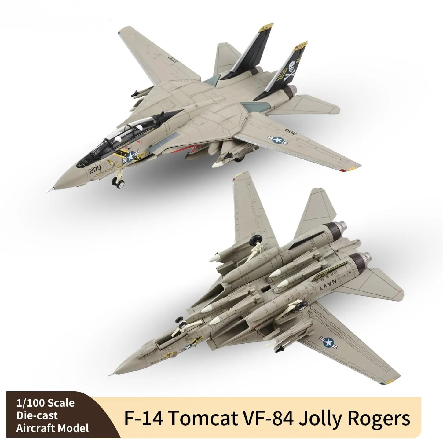 Масштабная модель истребителя F-14 F-14A (1:100) из металла, с символикой Jolly Roger, коллекционная или подарочная.