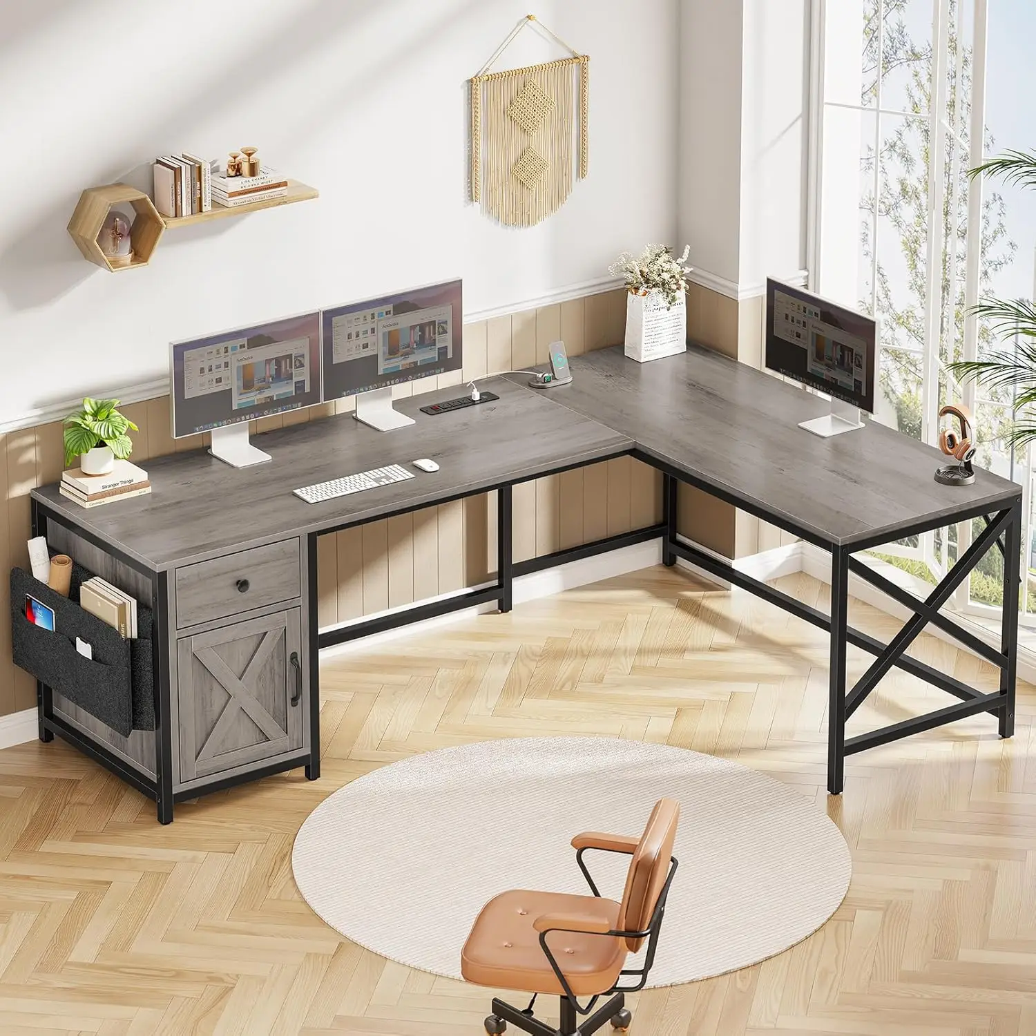 

63 L Shaped Desk, Convertible Corner Office Desk with Drawer, Farmhouse Computer Desk with Power Strip & Storage Cabinet
