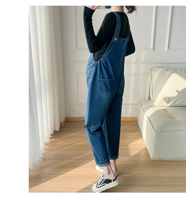 Preppy Style Pregnant Women's Denim Clothes Sets Black Long Sleeve T-shirt+Jumpsuits Two-piece Set Vintage Maternity Jeans Suits