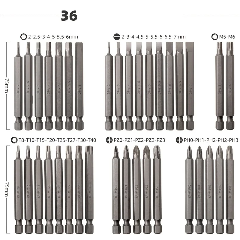 36/50pcs Magnetic Screwdriver Bit set - Extra Long 75mm Safety Bits for h1/4 Screwdrivers - Torx, Star, Hex & Spline Bits