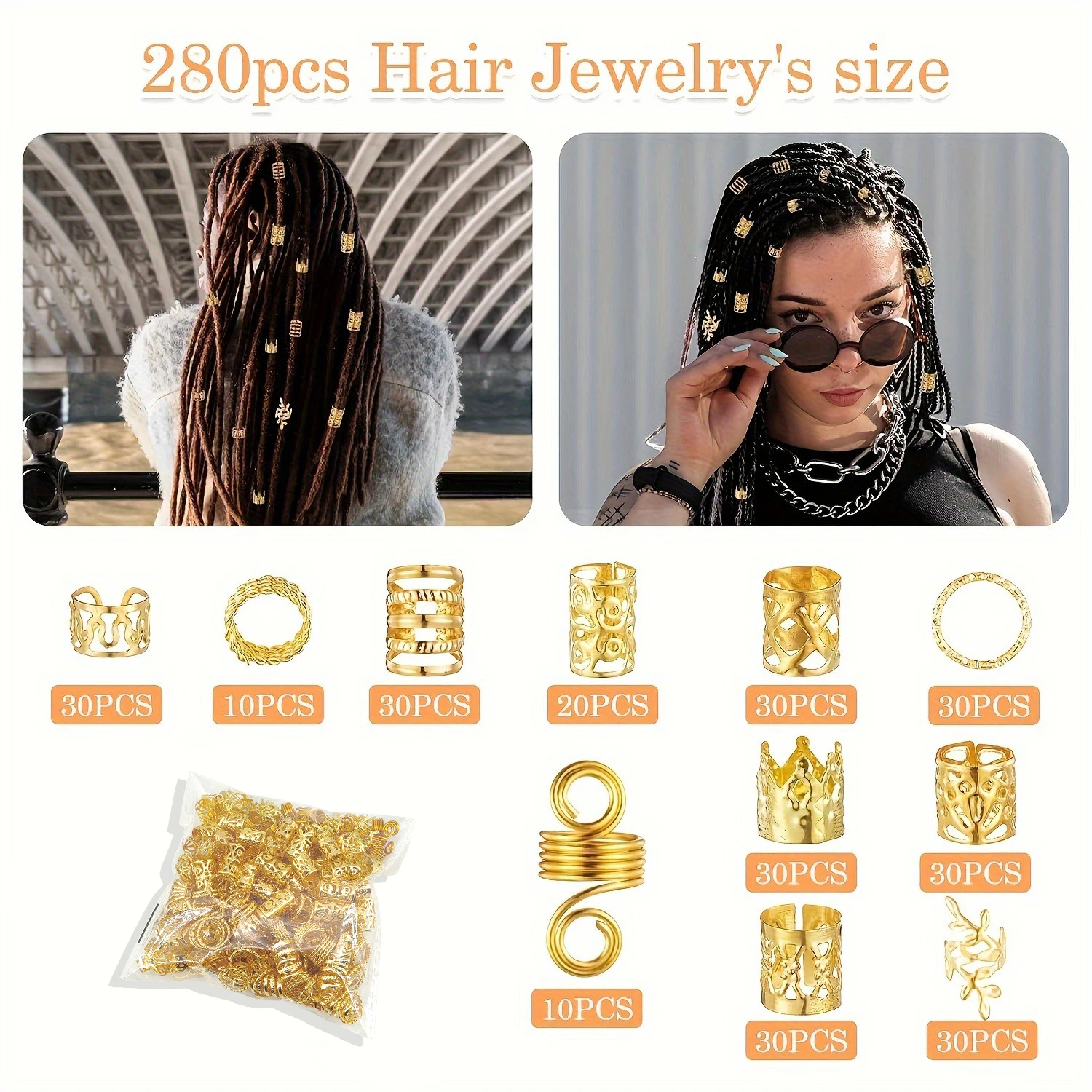 280pcs Alloy Hair Accessories Set, Elegant Bohemian Style, Hollow & Beaded Designs, Round Shape, Unisex Hair Jewelry Decorative