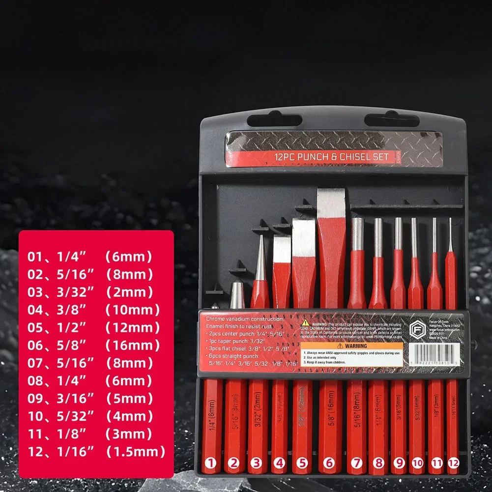 12Pcs Punch And Chisel Set Hand Tools For Metal Stone Punching Shaping Cutting Woodworking Tools Accessories