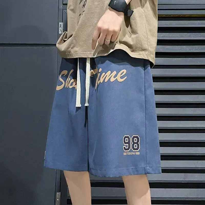 Letter Printed Casual Shorts Men's Summer New Arrival Loose High Waist Drawstring Sports American High Street Sweatpants Male