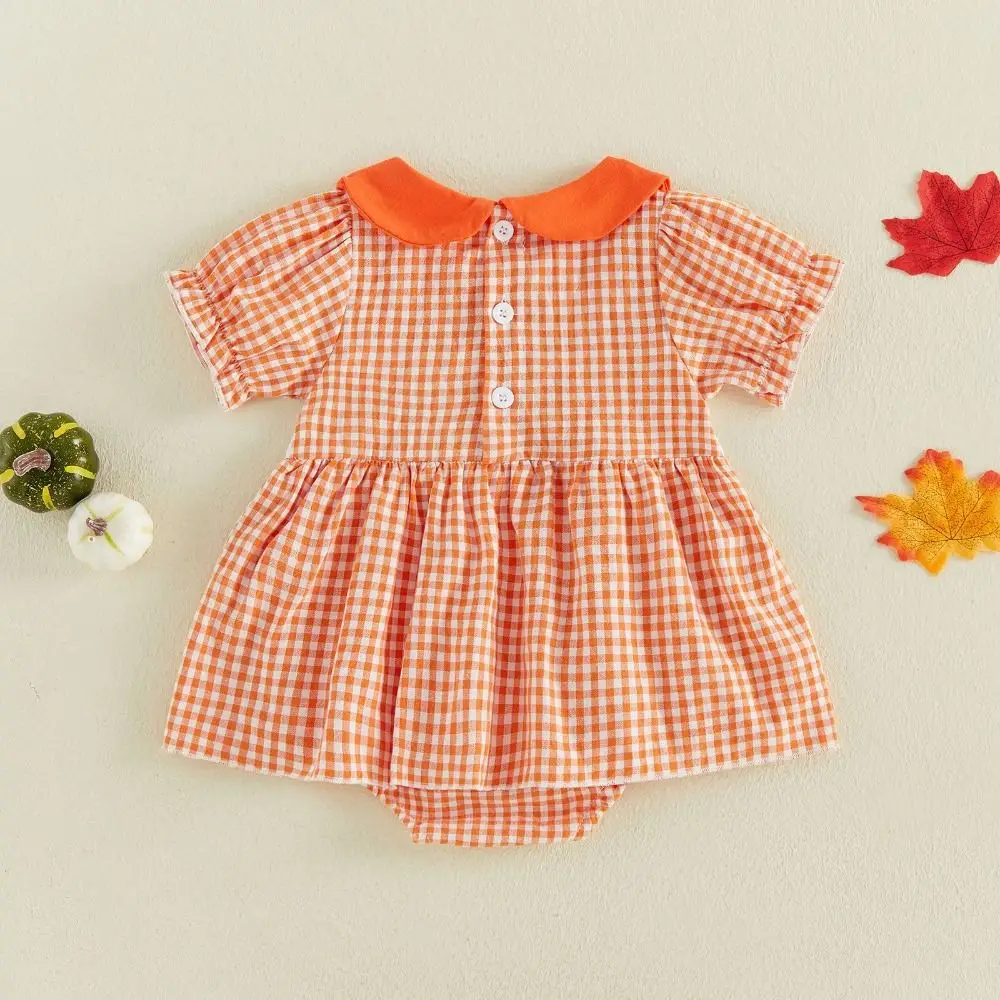 Collared Toddler Girl Pumpkin Dress Embroidered Breathable Halloween Plaid Dress Lightweight Loose Puff Sleeve Dress For 0-18M