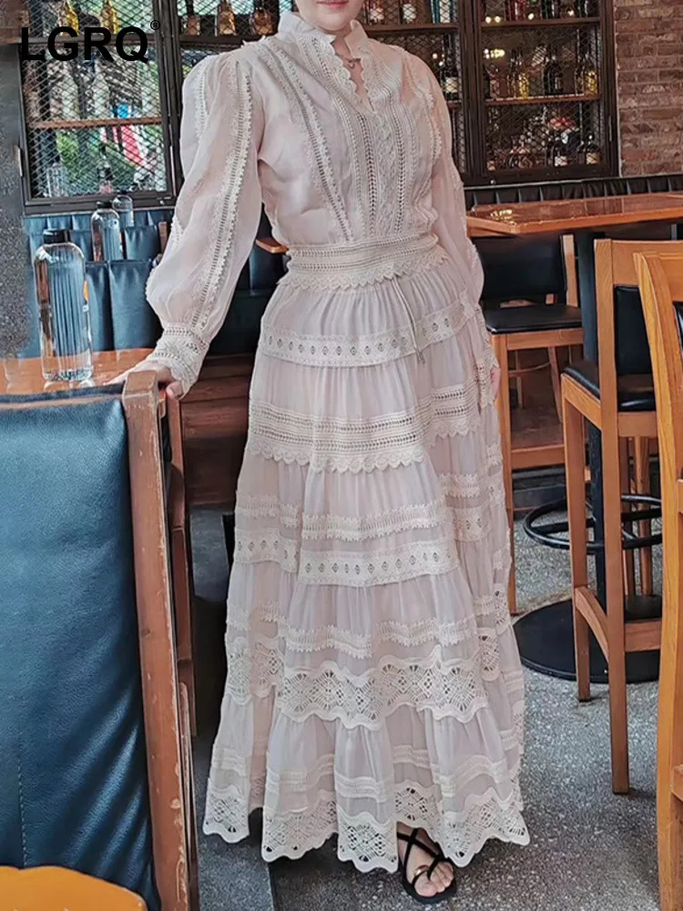 

LGRQ Women's Embroider Skirt Set Fashion Solid Color Long Sleeve Shirt High Waist Hollow Out Lace Skirts 2024 Summer New 19ZZ520