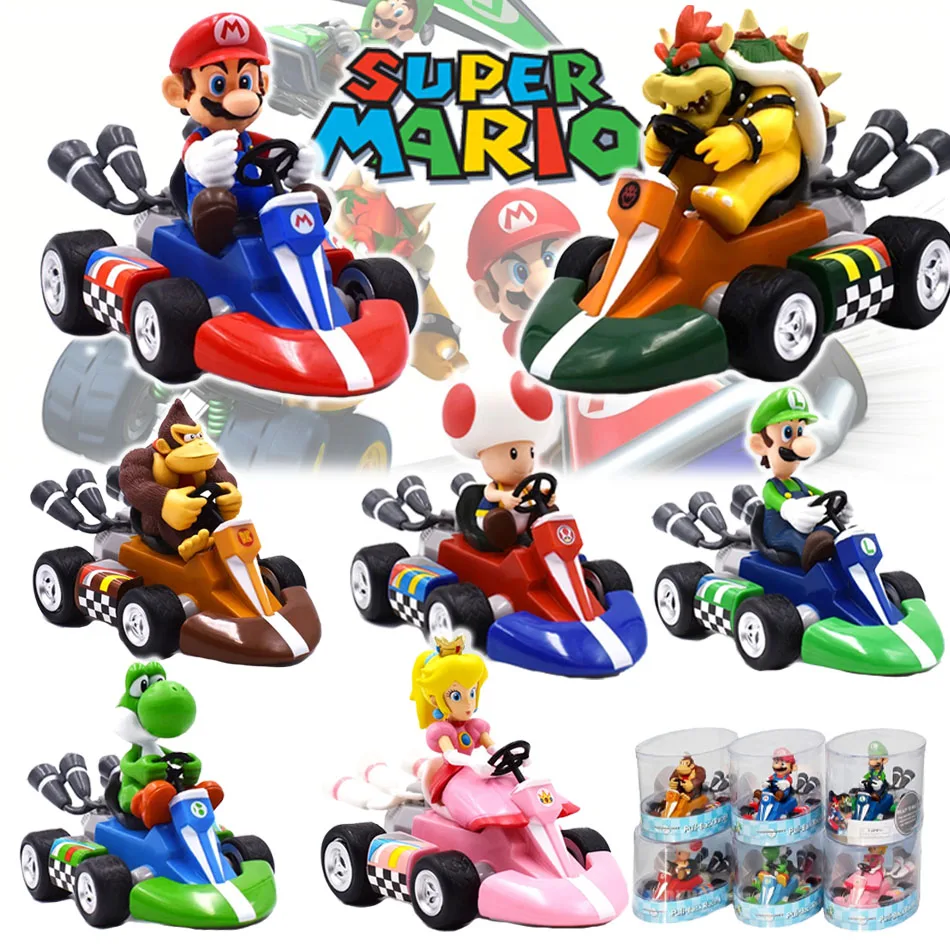 Super Mario Bros Karting Luigi Bowser Prinzessin Peach Yoshi Kröte Action Figur Spielzeug Zurückziehen Auto Anime Spiel Puppe Geschenke für Kinder